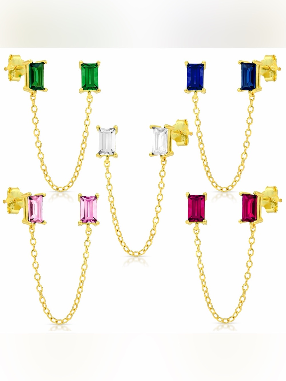 925 Sterling Silver Gold Plated Minimalist Emerald Link Double Pierced Earring